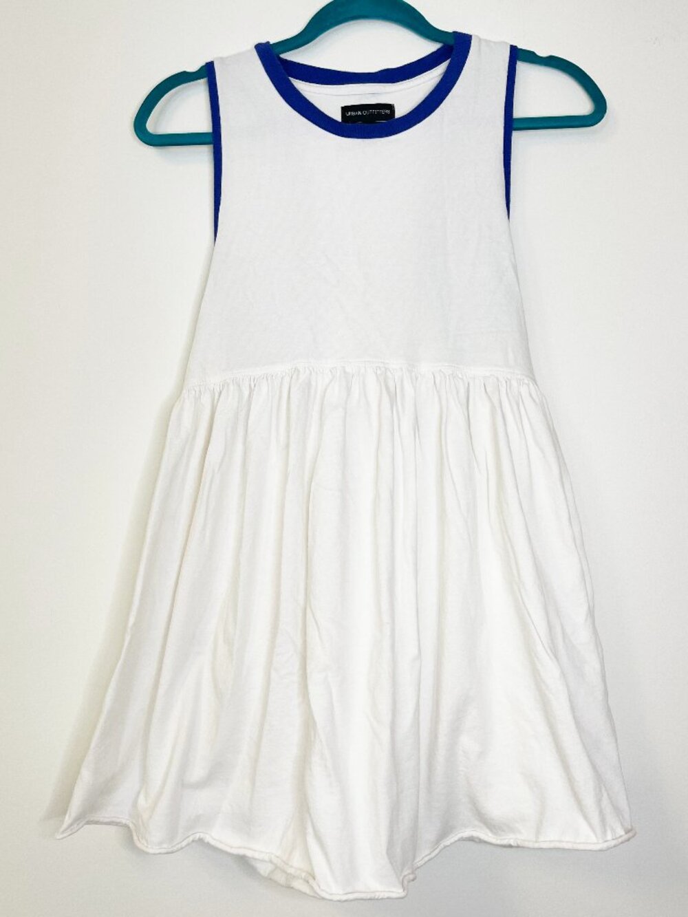 Urban Outfitters White Cotton Babydoll Dress Blue Trim Sleeveless Pocket Dress M